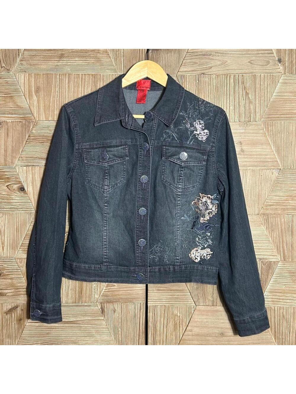 V Cristina Womens Floral Embroidered Denim Jacket Size PM Western Boho Blue